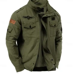 Online OUKU Men's Cotton Embroidered Military Jacket Windbreaker with Shoulder Straps Long Sleeve Standing Collar Multi-Pockets Trucker Jacket Mountain Print Tactical Outerwear