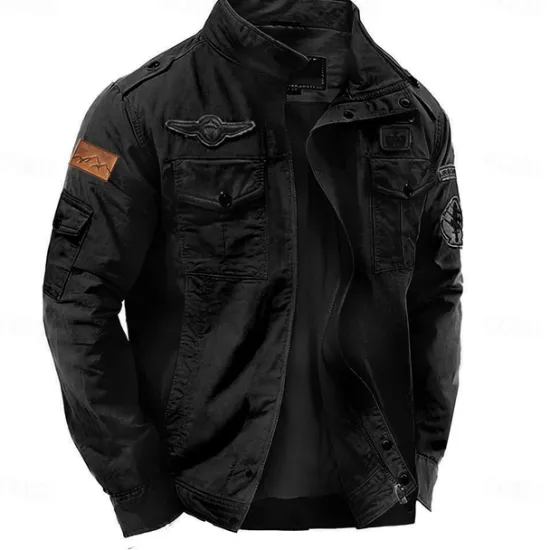 Online OUKU Men's Cotton Embroidered Military Jacket Windbreaker with Shoulder Straps Long Sleeve Standing Collar Multi-Pockets Trucker Jacket Mountain Print Tactical Outerwear