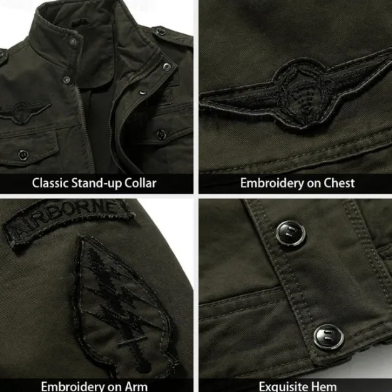 Online OUKU Men's Cotton Embroidered Military Jacket Windbreaker with Shoulder Straps Long Sleeve Standing Collar Multi-Pockets Trucker Jacket Mountain Print Tactical Outerwear