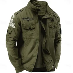 Outlet OUKU Men's Cotton Embroidered Military Jacket Windbreaker with Shoulder Straps Long Sleeve Standing Collar Multi-Pockets Trucker Jacket Crocodile Print Tactical Outerwear