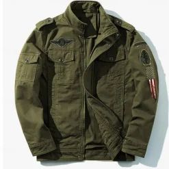 OUKU Men's Cotton Embroidered Military Jacket Cargo Jacket with Shoulder Straps Long Sleeve Standing Collar Multi-Pockets Coat Trucker Jacket US Flag Print Tactical Outerwear