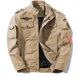 OUKU Men's Cotton Embroidered Military Jacket Cargo Jacket with Shoulder Straps Long Sleeve Standing Collar Multi-Pockets Coat Trucker Jacket US Flag Print Tactical Outerwear