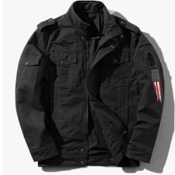 OUKU Men's Cotton Embroidered Military Jacket Cargo Jacket with Shoulder Straps Long Sleeve Standing Collar Multi-Pockets Coat Trucker Jacket US Flag Print Tactical Outerwear