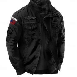 Discount OUKU Men's Cotton Embroidered Military Jacket Windbreaker with Shoulder Straps Long Sleeve Standing Collar Multi-Pockets Trucker Jacket US Flag Print Tactical Outerwear