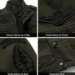 Discount OUKU Men's Cotton Embroidered Military Jacket Windbreaker with Shoulder Straps Long Sleeve Standing Collar Multi-Pockets Trucker Jacket US Flag Print Tactical Outerwear