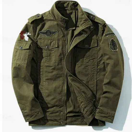 Sale OUKU Men's Cotton Embroidered Military Jacket Cargo Jacket with Shoulder Straps Long Sleeve Standing Collar Multi-Pockets Coat Trucker Jacket Christmas Reindeer Print Tactical Outerwear Tactical Outerwear