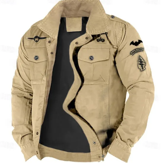 Outlet OUKU Men's Cotton Embroidered Military Jacket Cargo Jacket with Shoulder Straps Long Sleeve Standing Collar Multi-Pockets Coat Trucker Jacket Tactical Outerwear