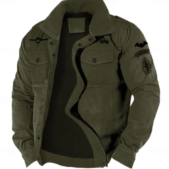 Outlet OUKU Men's Cotton Embroidered Military Jacket Cargo Jacket with Shoulder Straps Long Sleeve Standing Collar Multi-Pockets Coat Trucker Jacket Tactical Outerwear