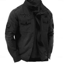 Sale OUKU Men's Cotton Embroidered Military Jacket Cargo Jacket with Shoulder Straps Long Sleeve Standing Collar Multi-Pockets Coat Trucker Jacket Skull Print Tactical Outerwear