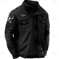 Hot OUKU Men's Cotton Embroidered Military Jacket Windbreaker with Shoulder Straps Long Sleeve Standing Collar Multi-Pockets Trucker Jacket US Flag Print Tactical Outerwear