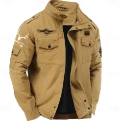 Hot OUKU Men's Cotton Embroidered Military Jacket Windbreaker with Shoulder Straps Long Sleeve Standing Collar Multi-Pockets Trucker Jacket US Flag Print Tactical Outerwear