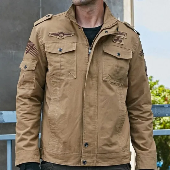 Outlet OUKU Men's Cotton Embroidered Military Jacket Cargo Jacket with Shoulder Straps Long Sleeve Standing Collar Multi-Pockets Coat Trucker Jacket US Flag Print Tactical Outerwear