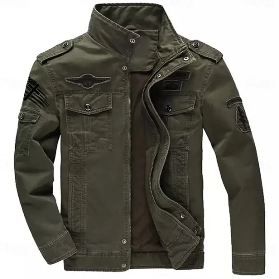 Outlet OUKU Men's Cotton Embroidered Military Jacket Cargo Jacket with Shoulder Straps Long Sleeve Standing Collar Multi-Pockets Coat Trucker Jacket US Flag Print Tactical Outerwear