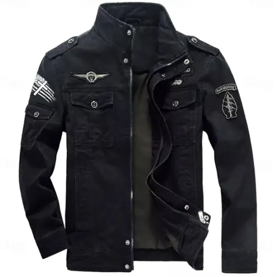 Outlet OUKU Men's Cotton Embroidered Military Jacket Cargo Jacket with Shoulder Straps Long Sleeve Standing Collar Multi-Pockets Coat Trucker Jacket US Flag Print Tactical Outerwear