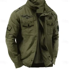 Hot OUKU Men's Cotton Embroidered Military Jacket Cargo Jacket with Shoulder Straps Long Sleeve Standing Collar Multi-Pockets Coat Trucker Jacket Act My Age Print Tactical Outerwear