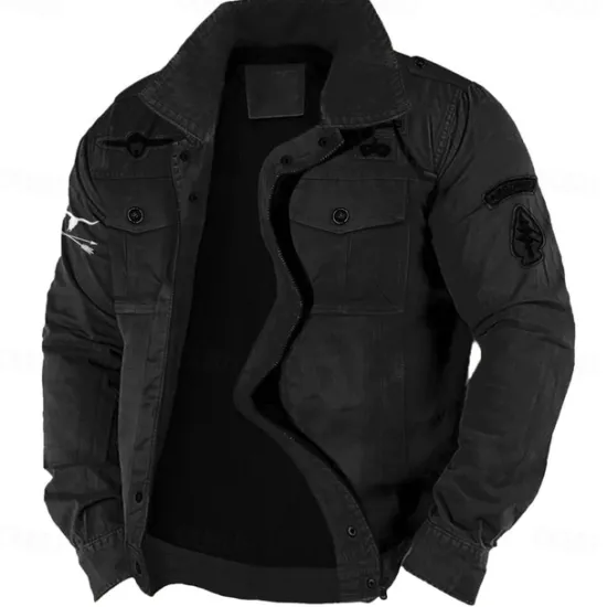 New OUKU Men's Cotton Embroidered Military Jacket Cargo Jacket with Shoulder Straps Long Sleeve Standing Collar Multi-Pockets Coat Trucker Jacket Western Cow Print Tactical Outerwear