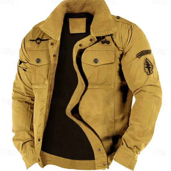 New OUKU Men's Cotton Embroidered Military Jacket Cargo Jacket with Shoulder Straps Long Sleeve Standing Collar Multi-Pockets Coat Trucker Jacket Western Cow Print Tactical Outerwear