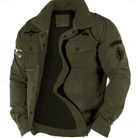 New OUKU Men's Cotton Embroidered Military Jacket Cargo Jacket with Shoulder Straps Long Sleeve Standing Collar Multi-Pockets Coat Trucker Jacket Western Cow Print Tactical Outerwear