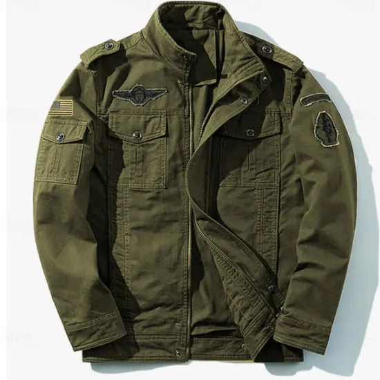Sale OUKU Men's Cotton Embroidered Military Jacket Cargo Jacket with Shoulder Straps Long Sleeve Standing Collar Multi-Pockets Coat Trucker Jacket US Flag Print Tactical Outerwear