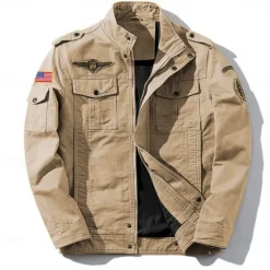 Sale OUKU Men's Cotton Embroidered Military Jacket Cargo Jacket with Shoulder Straps Long Sleeve Standing Collar Multi-Pockets Coat Trucker Jacket US Flag Print Tactical Outerwear