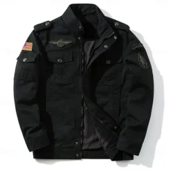 Sale OUKU Men's Cotton Embroidered Military Jacket Cargo Jacket with Shoulder Straps Long Sleeve Standing Collar Multi-Pockets Coat Trucker Jacket US Flag Print Tactical Outerwear