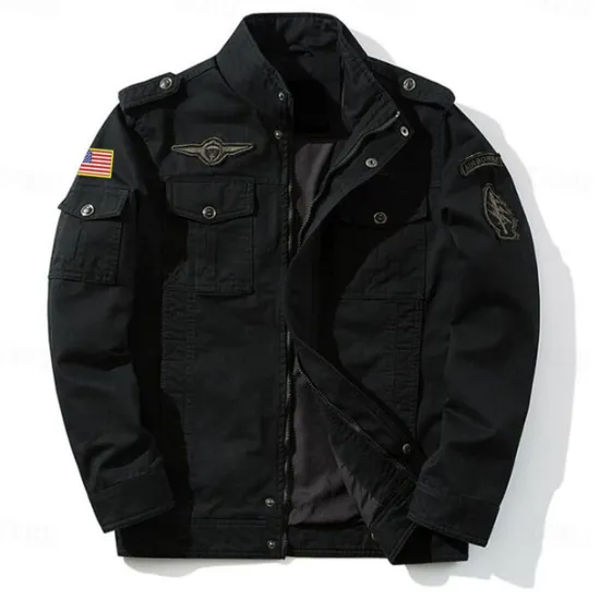 Sale OUKU Men's Cotton Embroidered Military Jacket Cargo Jacket with Shoulder Straps Long Sleeve Standing Collar Multi-Pockets Coat Trucker Jacket US Flag Print Tactical Outerwear