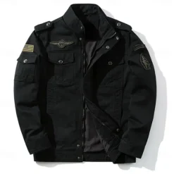 Sale OUKU Men's Cotton Embroidered Military Jacket Cargo Jacket with Shoulder Straps Long Sleeve Standing Collar Multi-Pockets Coat Trucker Jacket US Flag Print Tactical Outerwear