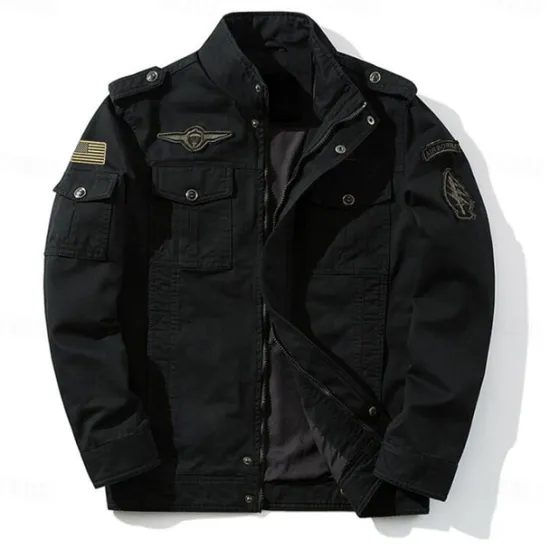 Sale OUKU Men's Cotton Embroidered Military Jacket Cargo Jacket with Shoulder Straps Long Sleeve Standing Collar Multi-Pockets Coat Trucker Jacket US Flag Print Tactical Outerwear