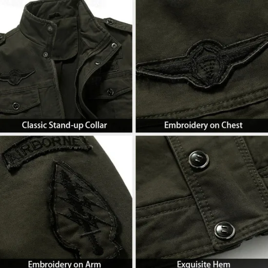 Sale OUKU Men's Cotton Embroidered Military Jacket Cargo Jacket with Shoulder Straps Long Sleeve Standing Collar Multi-Pockets Coat Trucker Jacket US Flag Print Tactical Outerwear