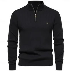 Clearance OUKU Men's Cotton Knit Vertical Stripes Half Zip Knitwear Elegant Christmas Gifts Home Clothing Apparel Fall Winter Black Navy Blue S M L