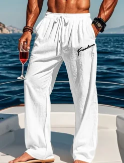 Clearance OUKU Men's Cotton Linen Pants Drawstring Elastic Waist Wide Leg Baggy Pants Graphic Letter Printed Comfort Full Length Outdoor Streetwear Vacation Hawaiian Trousers White Blue Micro-elastic