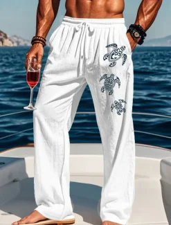 Discount OUKU Men's Cotton Linen Pants Drawstring Elastic Waist Wide Leg Baggy Pants Turtle Sea Creatures Comfort Full Length Outdoor Streetwear Vacation Hawaiian Trousers White Blue Micro-elastic