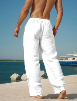 Discount OUKU Men's Cotton Linen Pants Drawstring Elastic Waist Wide Leg Baggy Pants Turtle Sea Creatures Comfort Full Length Outdoor Streetwear Vacation Hawaiian Trousers White Blue Micro-elastic