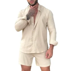Clearance OUKU Men's Cotton Linen Shirt 2 Piece Shirt Set Summer Shirt Summer Set Beach Shirt Plain Street Daily Purple Apricot Long Sleeve Collar Summer Clothing Apparel 2 Piece