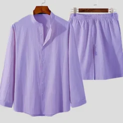 Clearance OUKU Men's Cotton Linen Shirt 2 Piece Shirt Set Summer Shirt Summer Set Beach Shirt Plain Street Daily Purple Apricot Long Sleeve Collar Summer Clothing Apparel 2 Piece