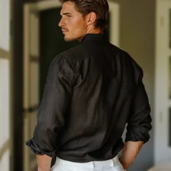 Online OUKU Men's Cotton Linen Shirt White Long Sleeve Turndown Summer Spring Outdoor Office Clothing Apparel Black