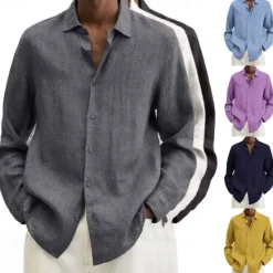 Online OUKU Men's Cotton Linen Shirt Black Pink Navy Blue Long Sleeve Plain Turndown Vacation Holiday Clothing Apparel Polyester Fashion Casual