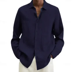 Online OUKU Men's Cotton Linen Shirt Black Pink Navy Blue Long Sleeve Plain Turndown Vacation Holiday Clothing Apparel Polyester Fashion Casual