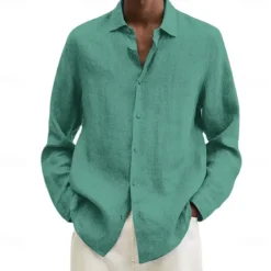 Online OUKU Men's Cotton Linen Shirt Black Pink Navy Blue Long Sleeve Plain Turndown Vacation Holiday Clothing Apparel Polyester Fashion Casual