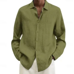 Online OUKU Men's Cotton Linen Shirt Black Pink Navy Blue Long Sleeve Plain Turndown Vacation Holiday Clothing Apparel Polyester Fashion Casual
