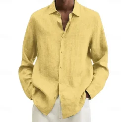 Online OUKU Men's Cotton Linen Shirt Black Pink Navy Blue Long Sleeve Plain Turndown Vacation Holiday Clothing Apparel Polyester Fashion Casual