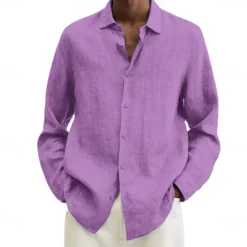 Online OUKU Men's Cotton Linen Shirt Black Pink Navy Blue Long Sleeve Plain Turndown Vacation Holiday Clothing Apparel Polyester Fashion Casual