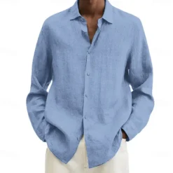 Online OUKU Men's Cotton Linen Shirt Black Pink Navy Blue Long Sleeve Plain Turndown Vacation Holiday Clothing Apparel Polyester Fashion Casual