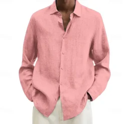 Online OUKU Men's Cotton Linen Shirt Black Pink Navy Blue Long Sleeve Plain Turndown Vacation Holiday Clothing Apparel Polyester Fashion Casual