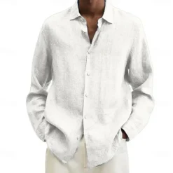 Online OUKU Men's Cotton Linen Shirt Black Pink Navy Blue Long Sleeve Plain Turndown Vacation Holiday Clothing Apparel Polyester Fashion Casual