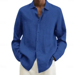 Online OUKU Men's Cotton Linen Shirt Black Pink Navy Blue Long Sleeve Plain Turndown Vacation Holiday Clothing Apparel Polyester Fashion Casual