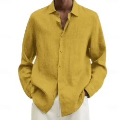 Online OUKU Men's Cotton Linen Shirt Black Pink Navy Blue Long Sleeve Plain Turndown Vacation Holiday Clothing Apparel Polyester Fashion Casual