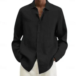 Online OUKU Men's Cotton Linen Shirt Black Pink Navy Blue Long Sleeve Plain Turndown Vacation Holiday Clothing Apparel Polyester Fashion Casual