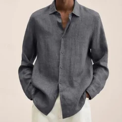 Online OUKU Men's Cotton Linen Shirt Black Pink Navy Blue Long Sleeve Plain Turndown Vacation Holiday Clothing Apparel Polyester Fashion Casual