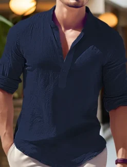 New OUKU Men's Cotton Linen Shirt Chinese Collar Shirt Mandarin Collar Shirt Plain Vacation Black White Navy Blue Blue Long Sleeve Henley Spring & Summer Clothing Apparel